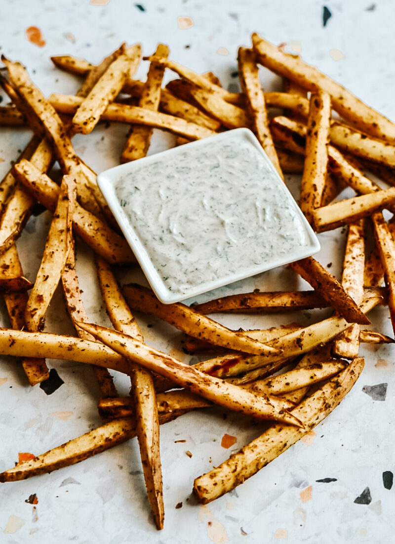 baked white sweet potato fries on the counter