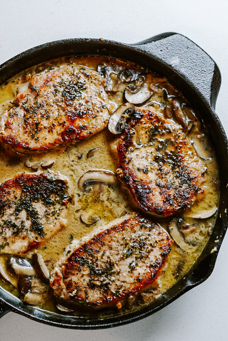 Garlic Butter Pork Chops with Mushroom Gravy - inspire by kaelyn
